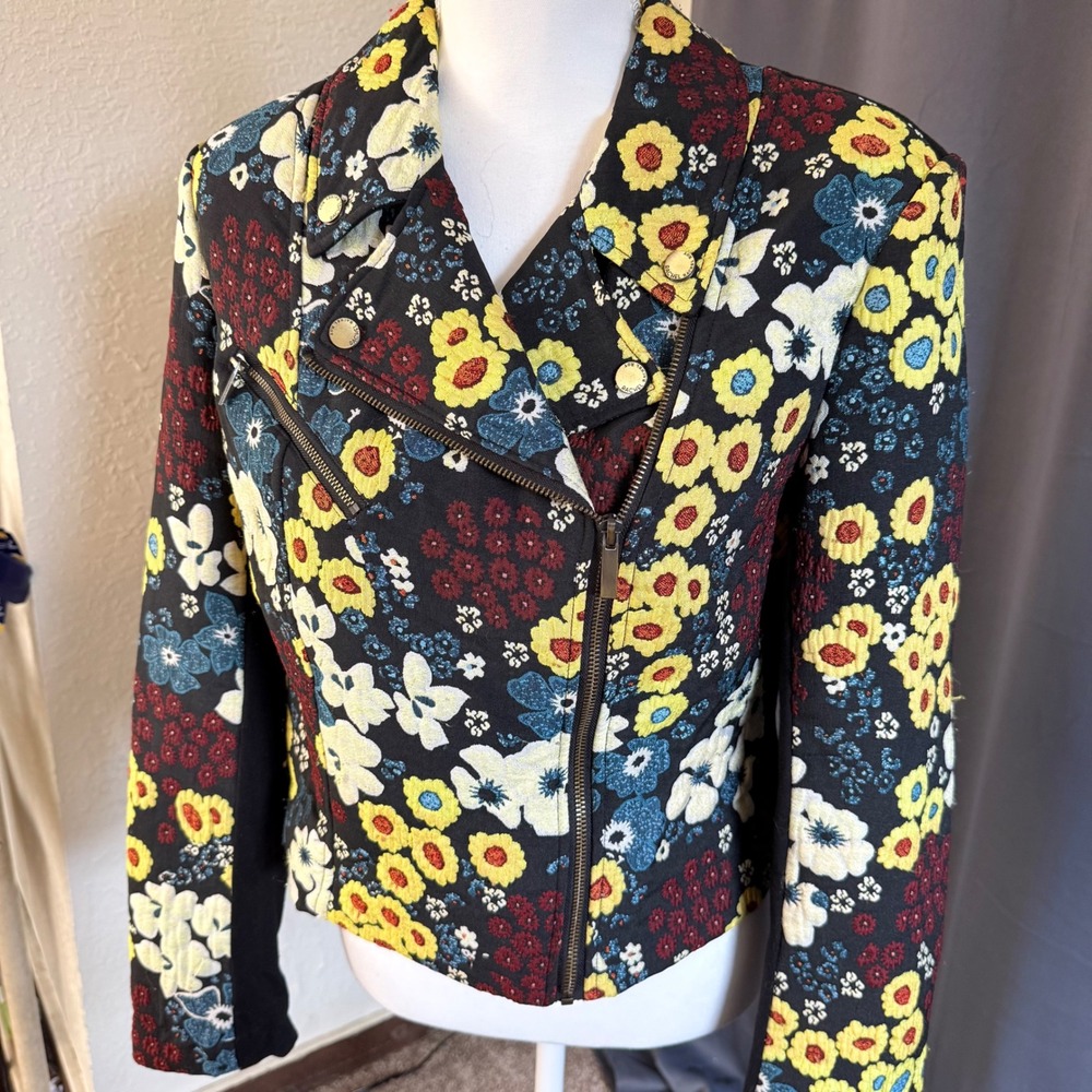 Rachel Rachel Roy Moto Jacket Womens XL Black Floral Tapestry Asymmetric Zip